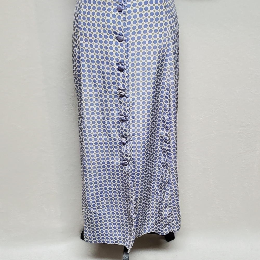VINTAGE 1980s Leslie Fay Cornflower Blue Green Polka Dot Strappy Back Maxi Dress - Picture 5 of 14